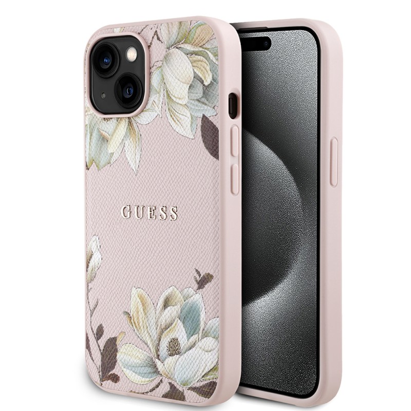 Bal-z Apple iPhone 15 Kılıf Guess Orjinal Lisanslı M-safe Şarj Özellikli Taneli Çiçek Tasarımlı Metal Yazı Logolu Kapak