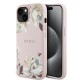 Apple iPhone 15 Kılıf Guess Orjinal Lisanslı M-safe Şarj Özellikli Taneli Çiçek Tasarımlı Metal Yazı Logolu Kapak