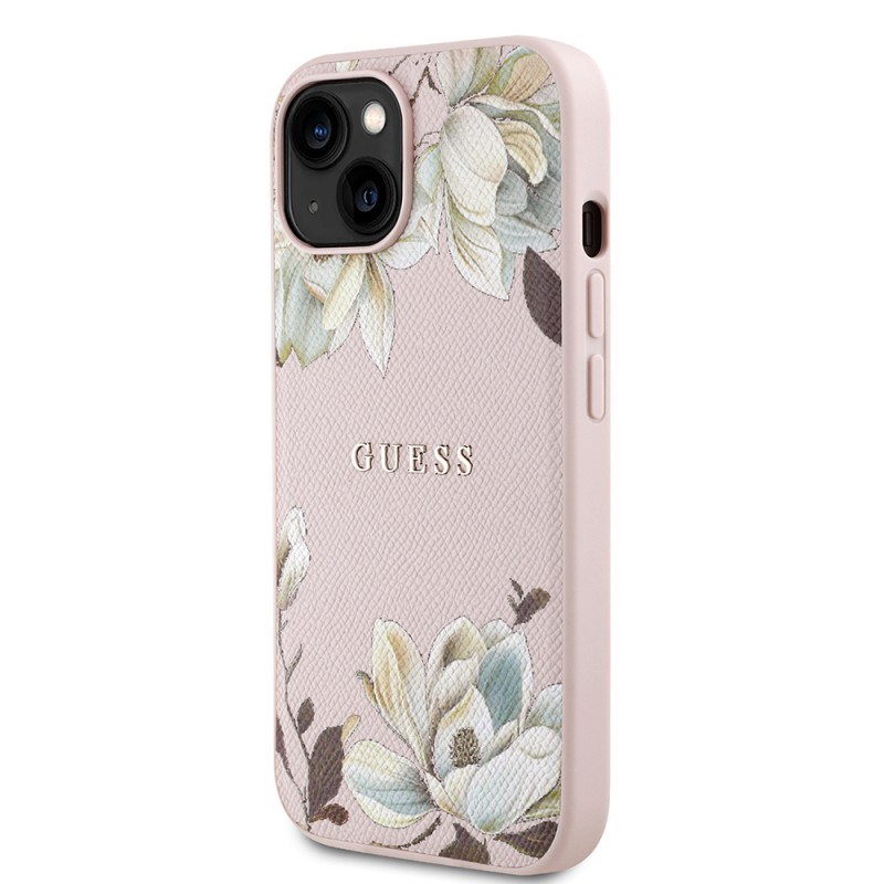 Bal-z Apple iPhone 15 Kılıf Guess Orjinal Lisanslı M-safe Şarj Özellikli Taneli Çiçek Tasarımlı Metal Yazı Logolu Kapak