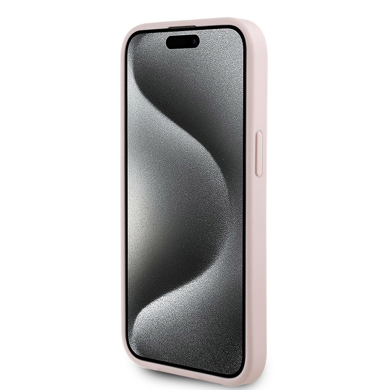 Bal-z Apple iPhone 15 Kılıf Guess Orjinal Lisanslı M-safe Şarj Özellikli Taneli Çiçek Tasarımlı Metal Yazı Logolu Kapak