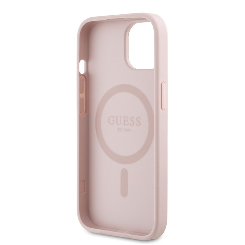 Bal-z Apple iPhone 15 Kılıf Guess Orjinal Lisanslı M-safe Şarj Özellikli Taneli Çiçek Tasarımlı Metal Yazı Logolu Kapak
