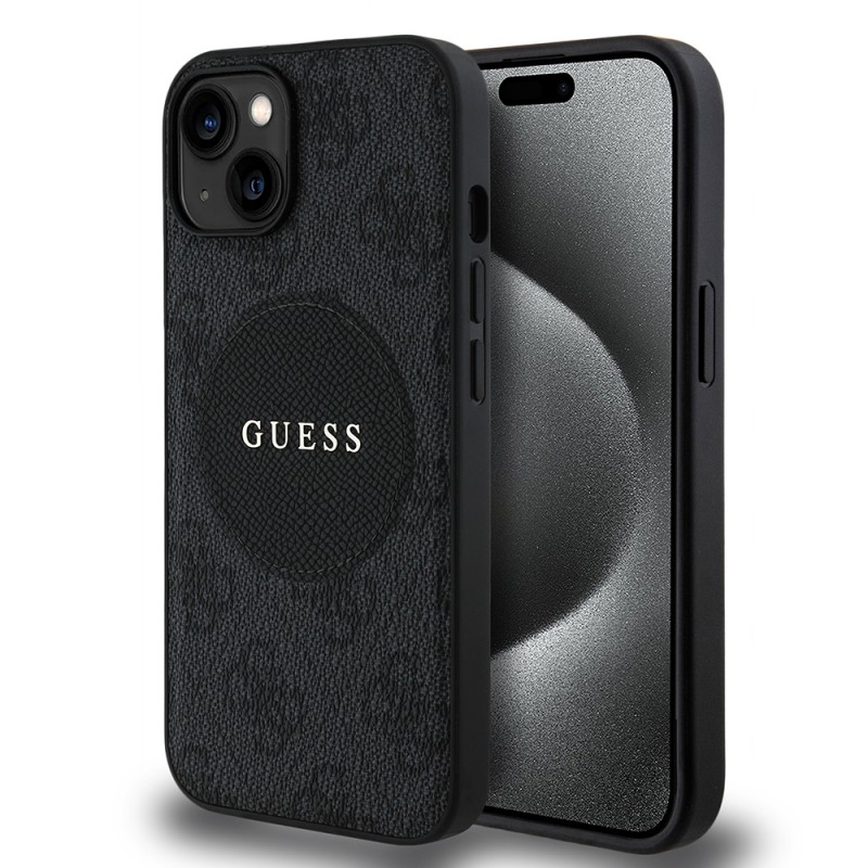 Bal-z Apple iPhone 15 Kılıf Guess Orjinal Lisanslı M-safe Şarj Özellikli Yazı Logolu Circle Classic Kapak