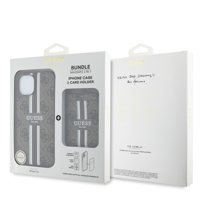 Bal-z Apple iPhone 15 Kılıf Guess Orjinal Lisanslı M-safe Şarj Özellikli 4G Desenli Çizgili Kartlıklı Kapak