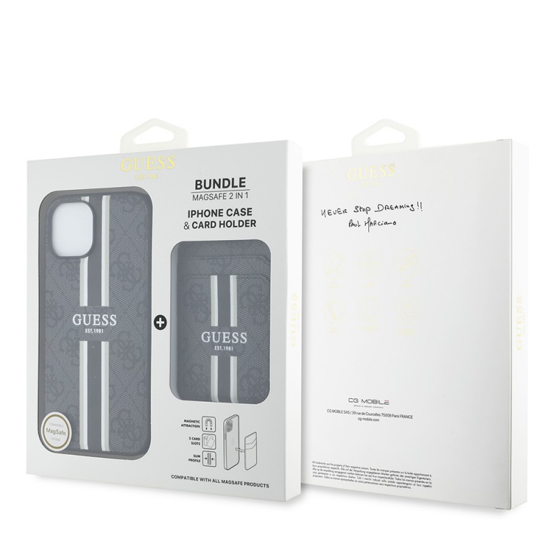 Bal-z Apple iPhone 15 Kılıf Guess Orjinal Lisanslı M-safe Şarj Özellikli 4G Desenli Çizgili Kartlıklı Kapak