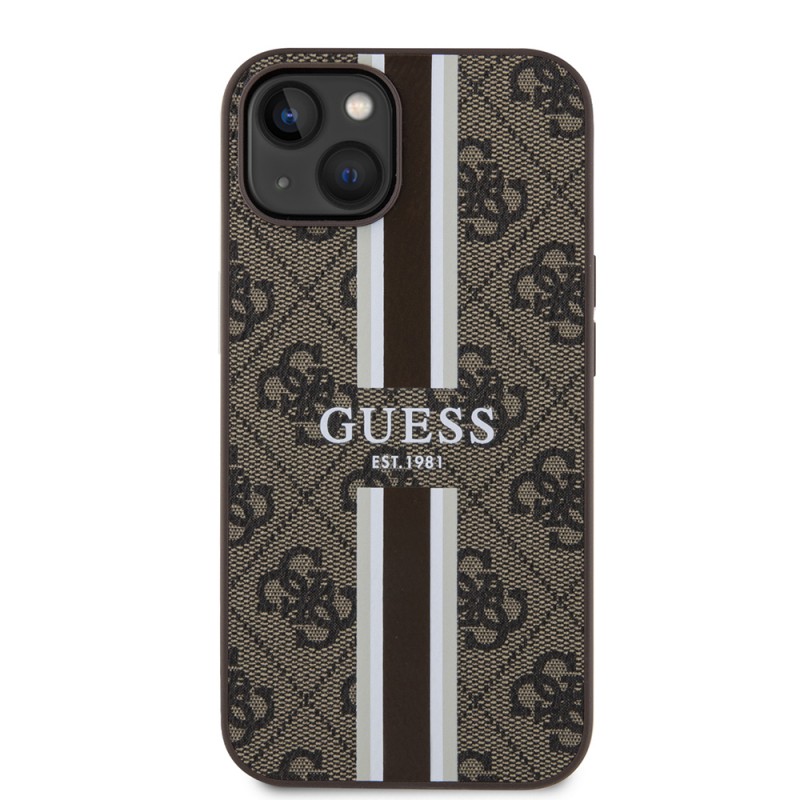 Bal-z Apple iPhone 15 Kılıf Guess Orjinal Lisanslı M-safe Şarj Özellikli 4G Şerit Tasarımlı Printed Kapak