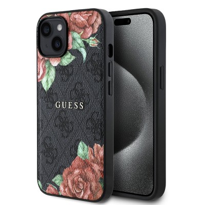 Bal-z Apple iPhone 15 Kılıf Guess Orjinal Lisanslı M-safe Şarj Özellikli Gül Baskılı 4G Desenli Yazı Logolu Kapak