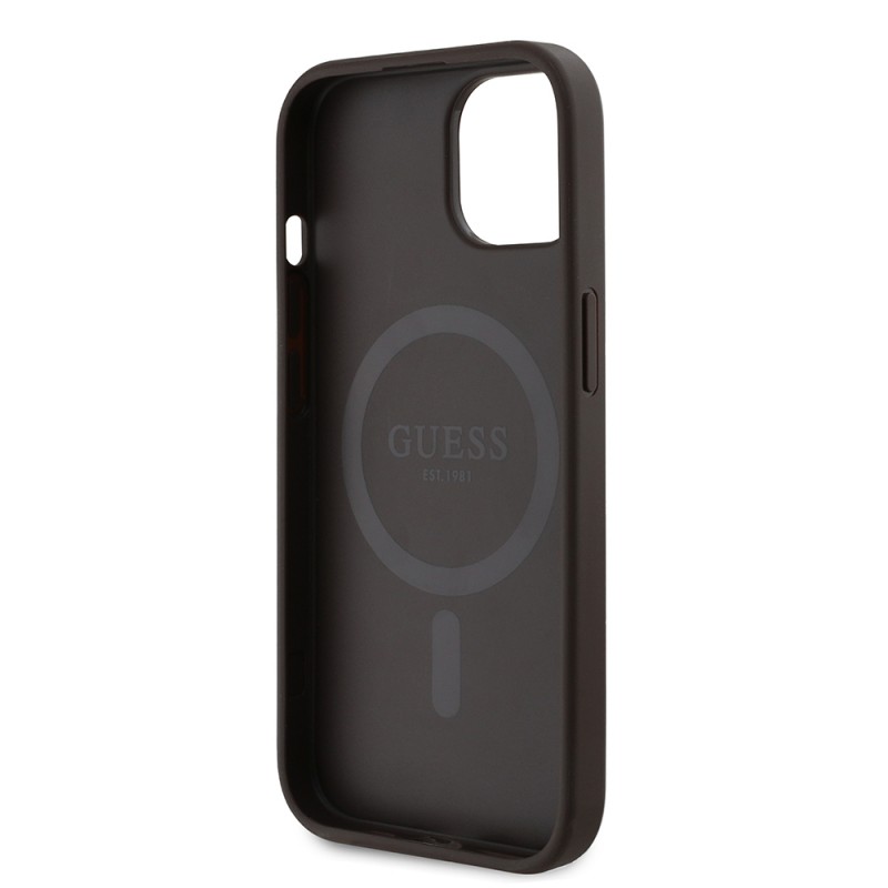Bal-z Apple iPhone 15 Kılıf Guess Orjinal Lisanslı M-safe Şarj Özellikli PU Üçgen Logo 4G Desenli Kapak