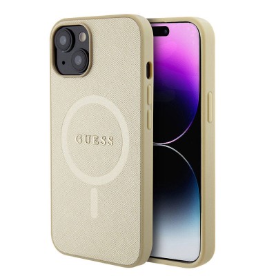 Bal-z Apple iPhone 15 Kılıf Guess Orjinal Lisanslı M-safe Şarj Özellikli Yazı Logolu Saffiano Kapak