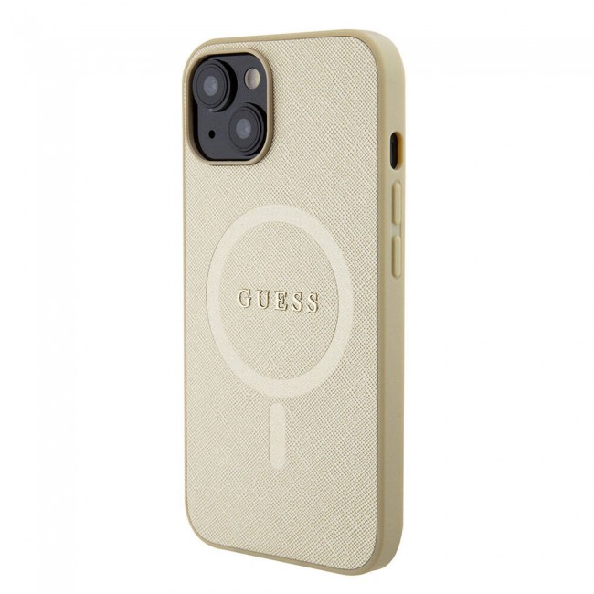 Apple iPhone 15 Kılıf Guess Orjinal Lisanslı Magsafe Şarj Özellikli Yazı Logolu Saffiano Kapak