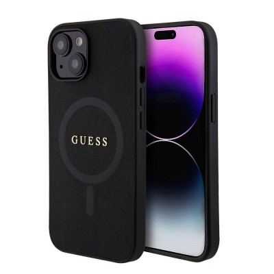 Bal-z Apple iPhone 15 Kılıf Guess Orjinal Lisanslı M-safe Şarj Özellikli Yazı Logolu Saffiano Kapak