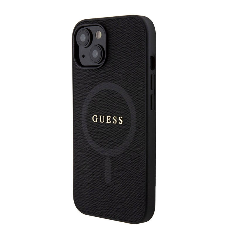 Bal-z Apple iPhone 15 Kılıf Guess Orjinal Lisanslı M-safe Şarj Özellikli Yazı Logolu Saffiano Kapak