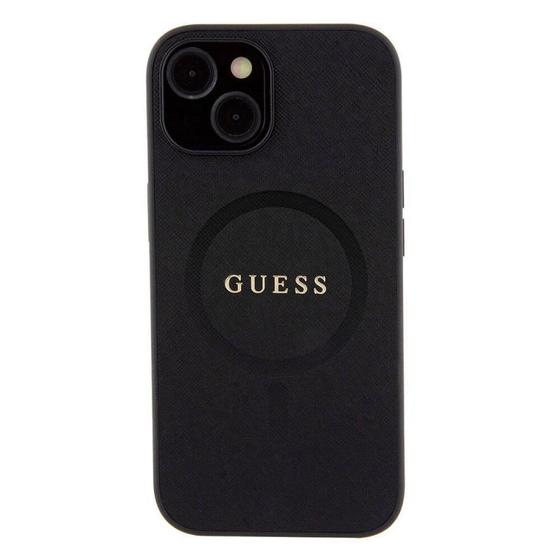Bal-z Apple iPhone 15 Kılıf Guess Orjinal Lisanslı M-safe Şarj Özellikli Yazı Logolu Saffiano Kapak