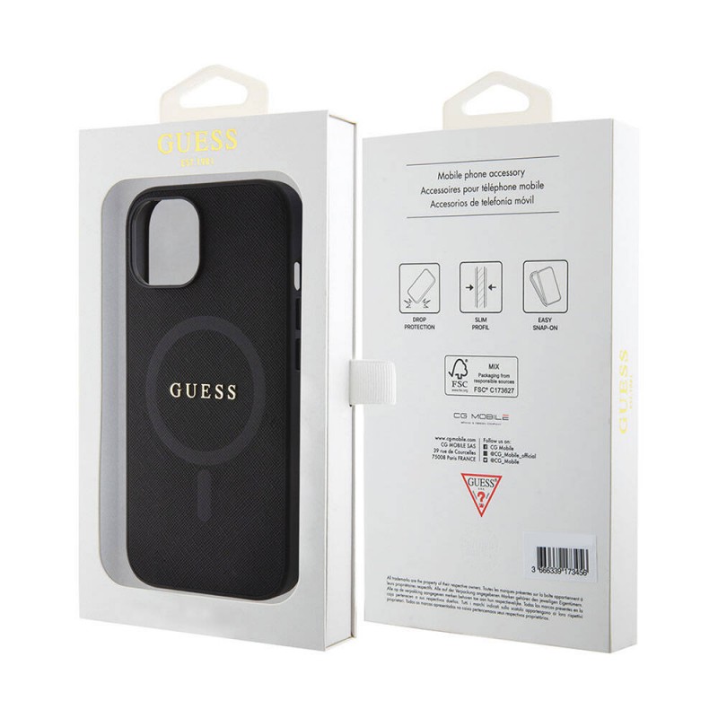 Bal-z Apple iPhone 15 Kılıf Guess Orjinal Lisanslı M-safe Şarj Özellikli Yazı Logolu Saffiano Kapak