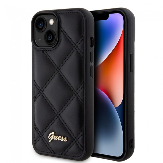 Apple iPhone 15 Kılıf Guess Orjinal Lisanslı PU Deri Metal Yazı Logolu Kapitone Kapak Apple iPhone 15 Kılıf Guess Orjinal Lisanslı PU Deri Metal Yazı Logolu Kapitone Kapak
