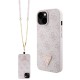 Apple iPhone 15 Kılıf Guess Orjinal Lisanslı PU Deri Taşlı Metal Üçgen Logolu Çapraz Vücut Askılı 4G Desenli Kapak