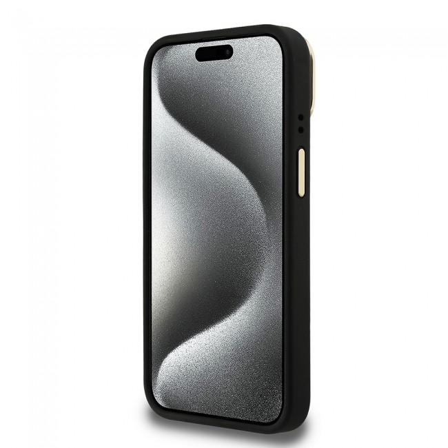 Apple iPhone 15 Kılıf Guess Orjinal Lisanslı PU Deri Taşlı Üçgen Logo 4G Desenli Kamera Standlı Kapak