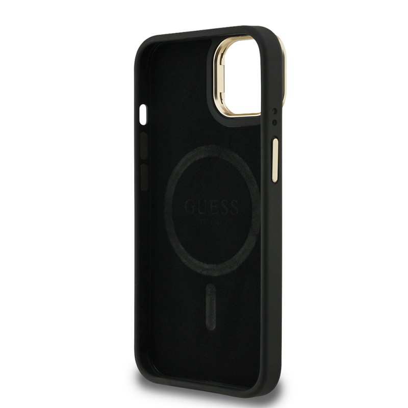 Bal-z Apple iPhone 15 Kılıf Guess Orjinal Lisanslı PU Deri Taşlı Üçgen Logo 4G Desenli Kamera Standlı Kapak