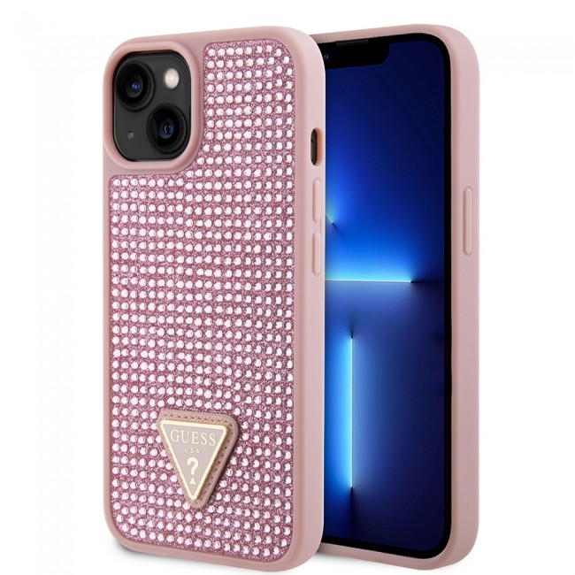 Apple iPhone 15 Kılıf Guess Orjinal Lisanslı Taşlı Arka Yüzey Üçgen Logolu Kapak