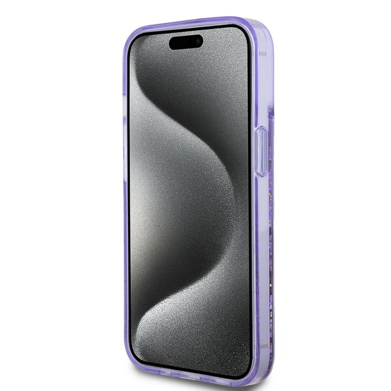 Bal-z Apple iPhone 15 Kılıf Guess Orjinal Lisanslı Transparan Sıvılı Simli Altın Çizgili Kapak