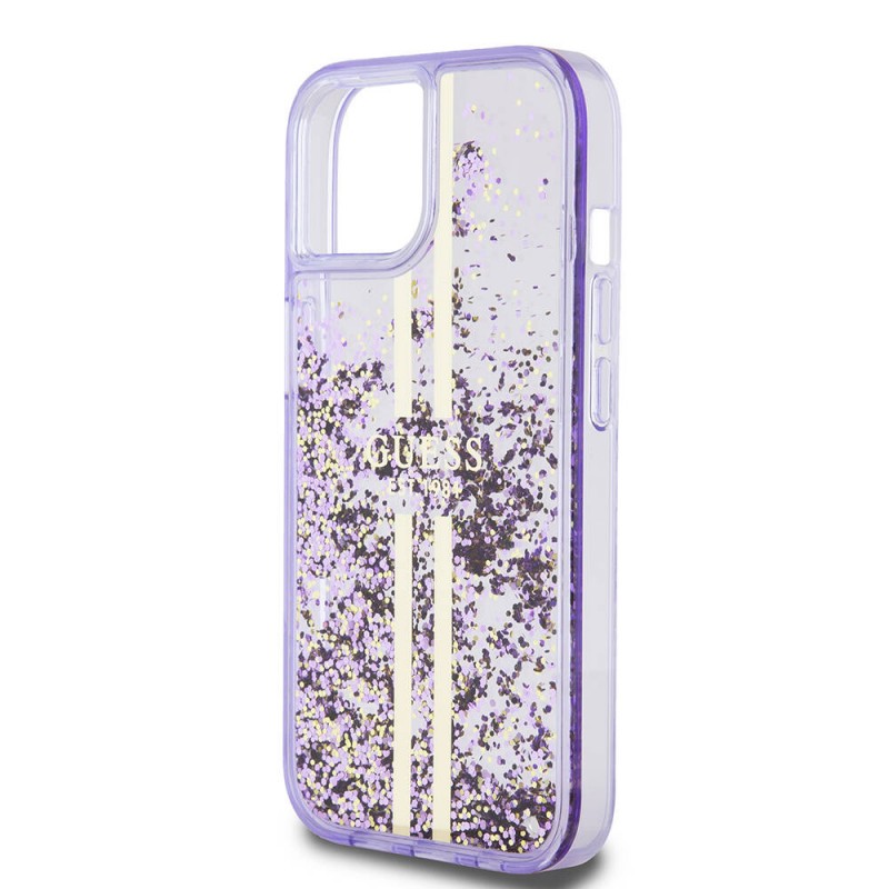 Bal-z Apple iPhone 15 Kılıf Guess Orjinal Lisanslı Transparan Sıvılı Simli Altın Çizgili Kapak