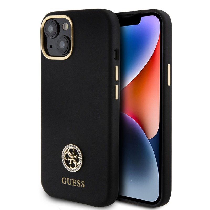 Bal-z Apple iPhone 15 Kılıf Guess Orjinal Lisanslı Yazı ve Taşlı 4G Logolu Metal Kamera Çerçeveli Silikon Kapak