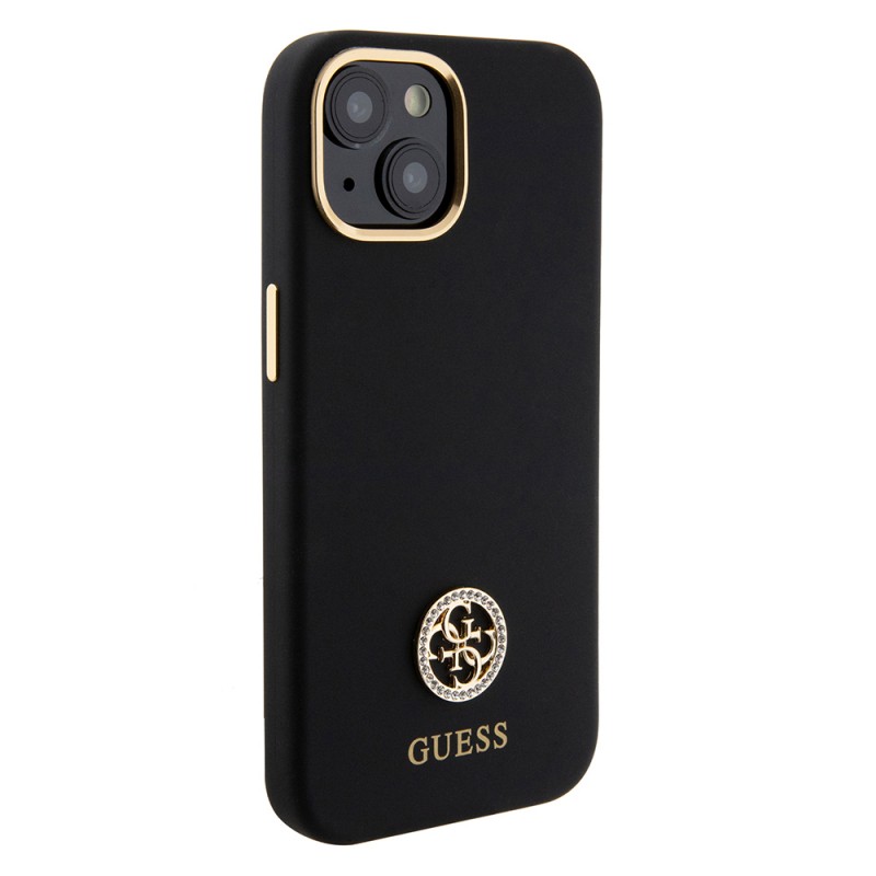 Bal-z Apple iPhone 15 Kılıf Guess Orjinal Lisanslı Yazı ve Taşlı 4G Logolu Metal Kamera Çerçeveli Silikon Kapak