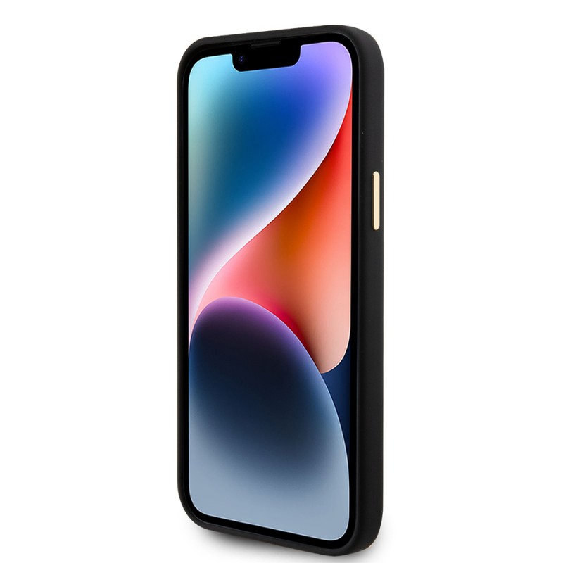 Bal-z Apple iPhone 15 Kılıf Guess Orjinal Lisanslı Yazı ve Taşlı 4G Logolu Metal Kamera Çerçeveli Silikon Kapak