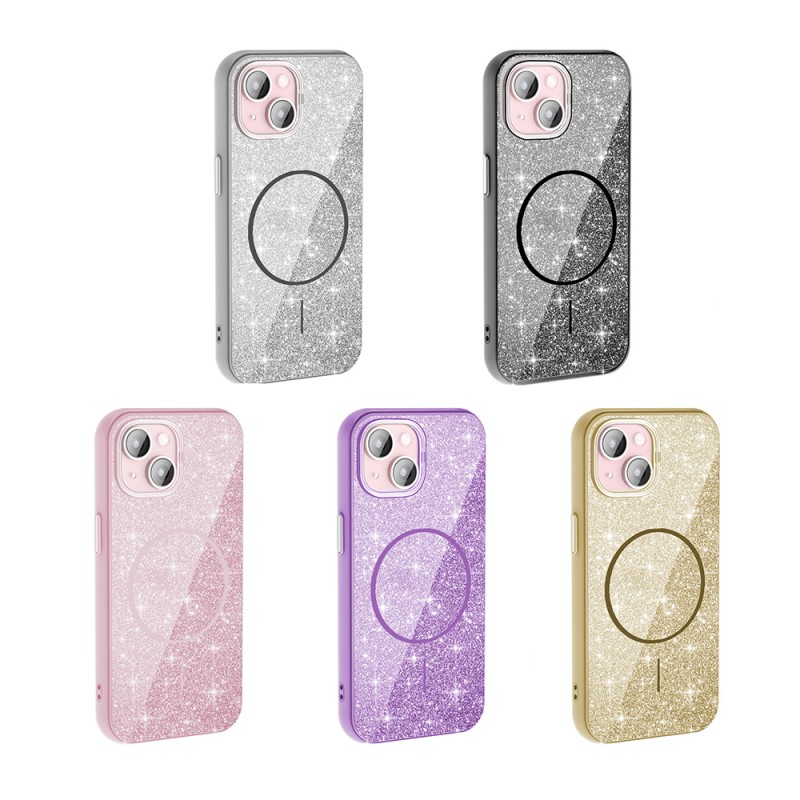 Bal-z Apple iPhone 15 Kılıf M-safe Şarj Özellikli Parlayan Simli Zore Okso Kapak