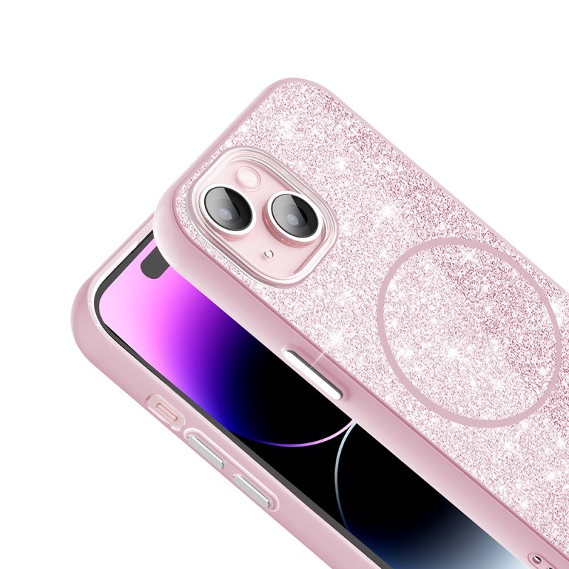 Bal-z Apple iPhone 15 Kılıf M-safe Şarj Özellikli Parlayan Simli Zore Okso Kapak