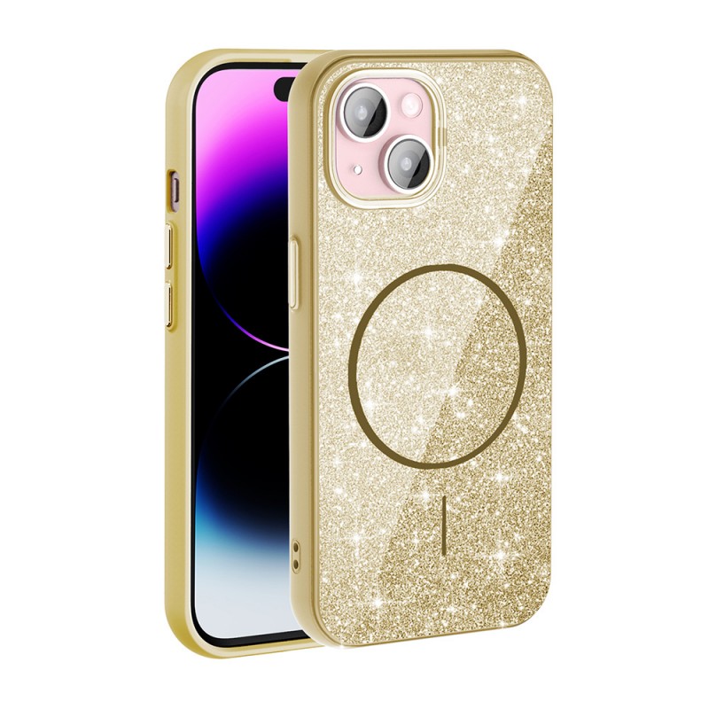 Bal-z Apple iPhone 15 Kılıf M-safe Şarj Özellikli Parlayan Simli Zore Okso Kapak