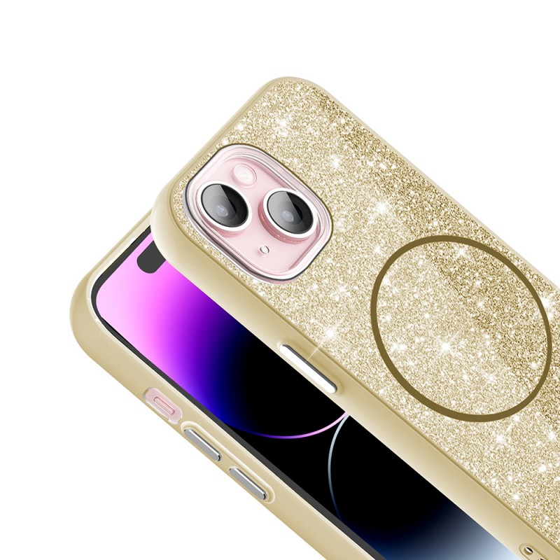 Bal-z Apple iPhone 15 Kılıf M-safe Şarj Özellikli Parlayan Simli Zore Okso Kapak