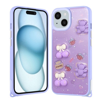 Bal-z Apple iPhone 15 Kılıf Parlayan Simli Kabartma Figürlü  Cevze Kapak