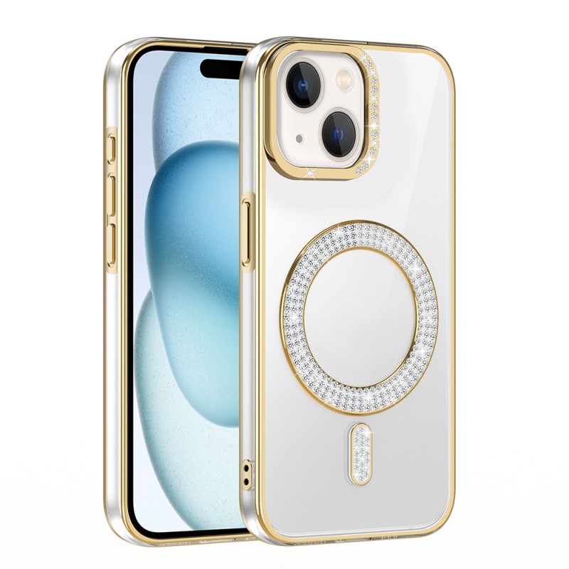 Bal-z Apple iPhone 15 Kılıf Pırlanta Taş Tasarımlı M-safe Şarj Özellikli Zore Karetta Silikon Kapak