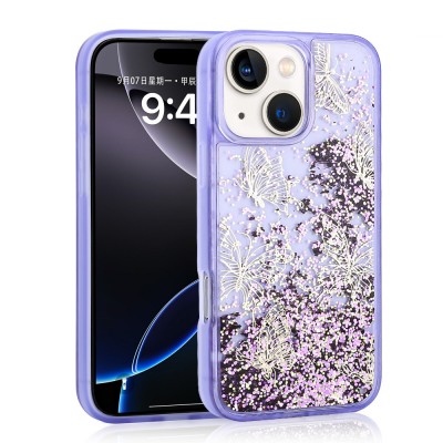 Bal-z Apple iPhone 15 Kılıf Sıvılı Simli Kelebek Baskılı Şeffaf Arka Yüzey Zore Glis Silikon Kapak