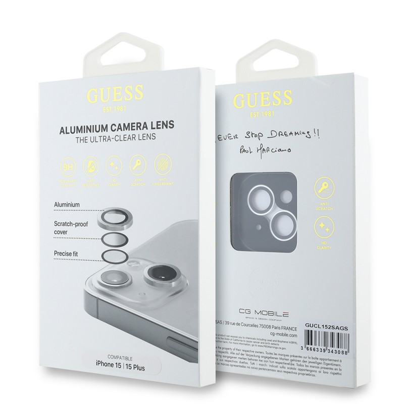 Bal-z Apple iPhone 15 Plus Guess Orjinal Lisanslı Metal Kamera Lens Koruyucu