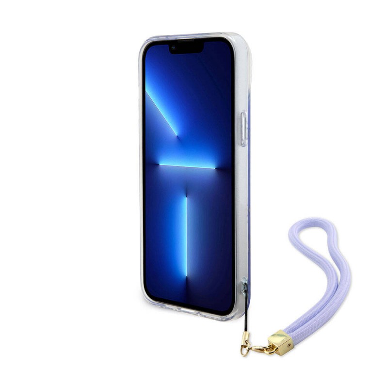 Bal-z Apple iPhone 15 Plus Kılıf Guess Orjinal Lisanslı Desenli Yazı Logolu Askı İpli Holografik Glitter Peony Kapak