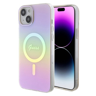 Bal-z Apple iPhone 15 Plus Kılıf Guess Orjinal Lisanslı M-safe Şarj Özellikli Yazı Logolu Iridescent Kapak