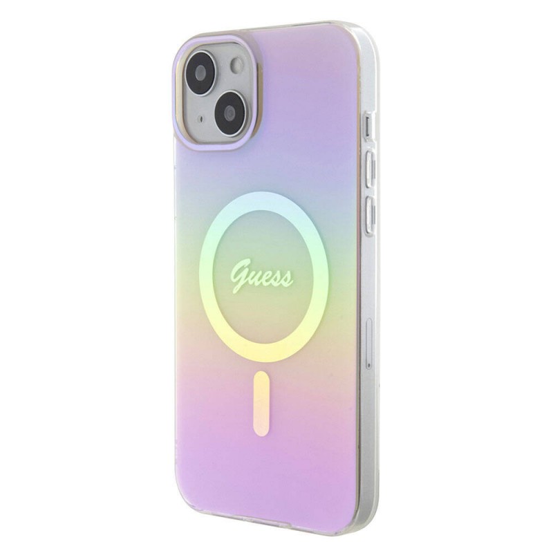 Bal-z Apple iPhone 15 Plus Kılıf Guess Orjinal Lisanslı M-safe Şarj Özellikli Yazı Logolu Iridescent Kapak