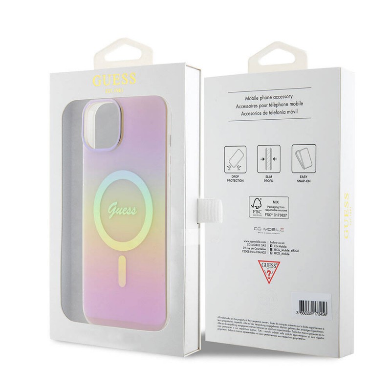 Bal-z Apple iPhone 15 Plus Kılıf Guess Orjinal Lisanslı M-safe Şarj Özellikli Yazı Logolu Iridescent Kapak