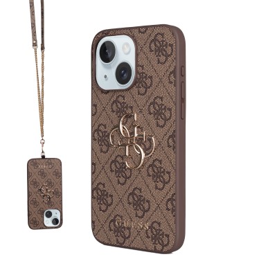 Bal-z Apple iPhone 15 Plus Kılıf Guess Orjinal Lisanslı PU Deri 4G Büyük Metal Logolu Çapraz Vücut Askılı Kapak