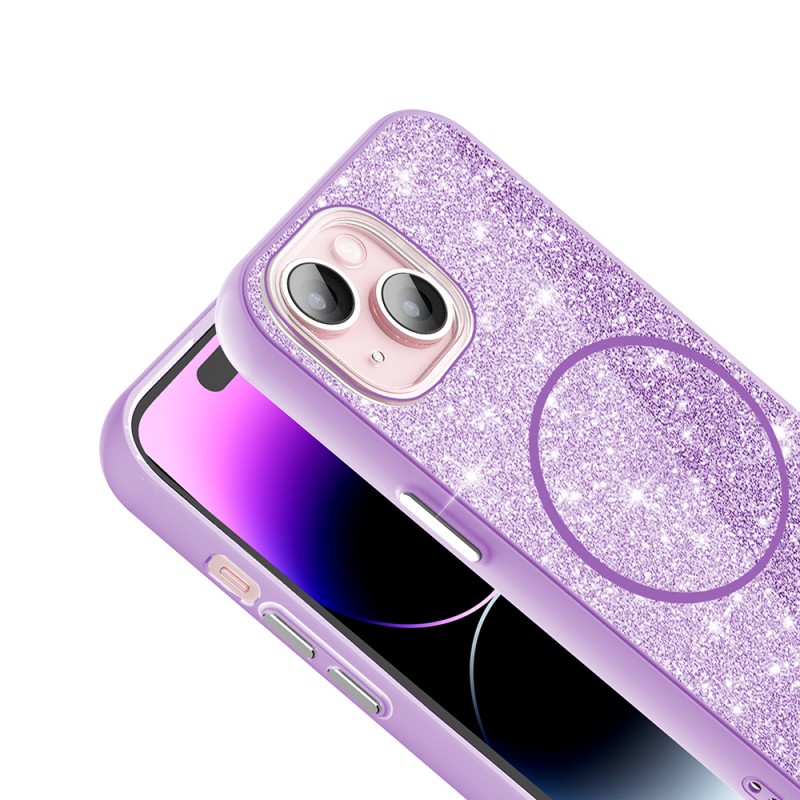 Bal-z Apple iPhone 15 Plus Kılıf M-safe Şarj Özellikli Parlayan Simli Zore Okso Kapak