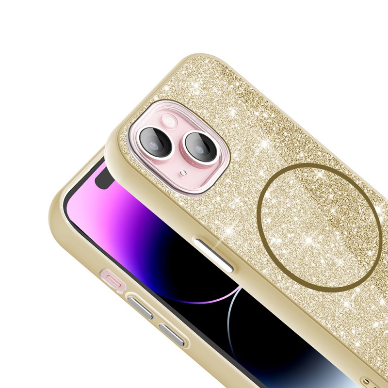 Bal-z Apple iPhone 15 Plus Kılıf M-safe Şarj Özellikli Parlayan Simli Zore Okso Kapak