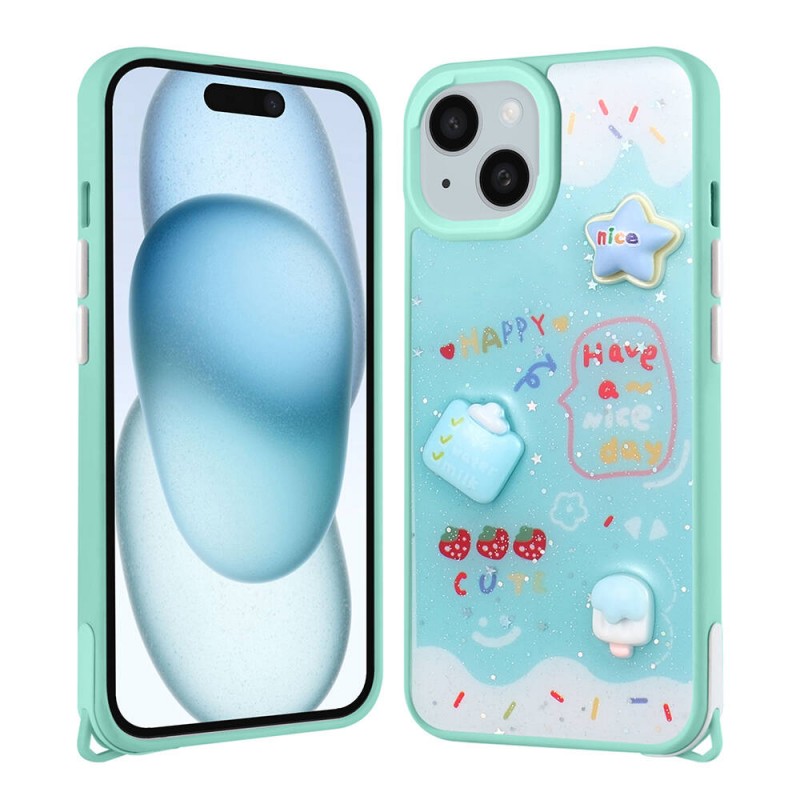 Bal-z Apple iPhone 15 Plus Kılıf Parlayan Simli Kabartma Figürlü  Cevze Kapak