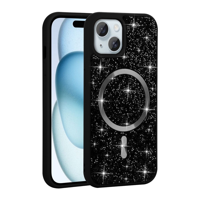 Bal-z Apple iPhone 15 Plus Kılıf Pırlanta Tasarımlı M-safe Şarj Özellikli Zore Mozaik Silikon Kapak