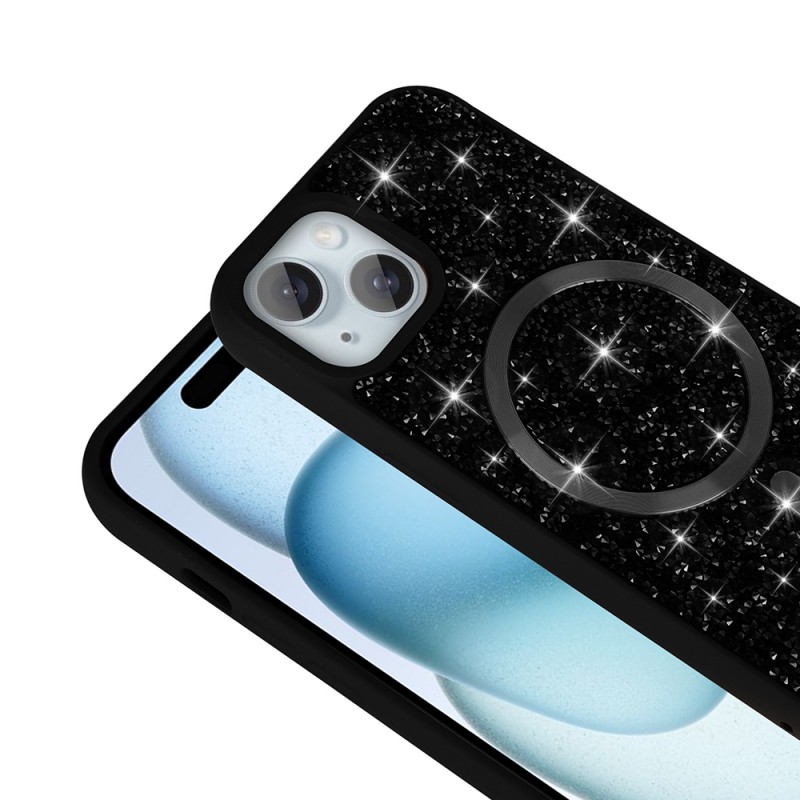 Bal-z Apple iPhone 15 Plus Kılıf Pırlanta Tasarımlı M-safe Şarj Özellikli Zore Mozaik Silikon Kapak
