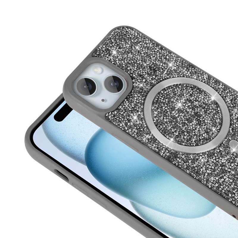 Bal-z Apple iPhone 15 Plus Kılıf Pırlanta Tasarımlı M-safe Şarj Özellikli Zore Mozaik Silikon Kapak