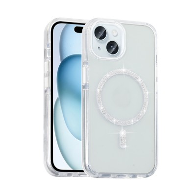 Bal-z Apple iPhone 15 Plus Kılıf Taşlı Tasarım M-safe Şarj Özellikli Zore Koment Silikon Kapak