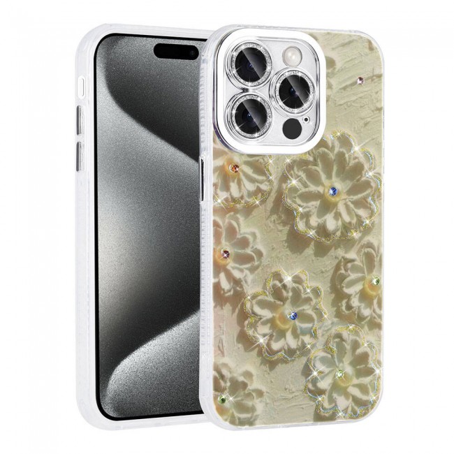 Apple iPhone 15 Pro Kılıf Çiçek Desenli Parlak Taşlı Sert Silikon Zore Garden Kapak Apple iPhone 15 Pro Kılıf Çiçek Desenli Parlak Taşlı Sert Silikon Zore Garden Kapak