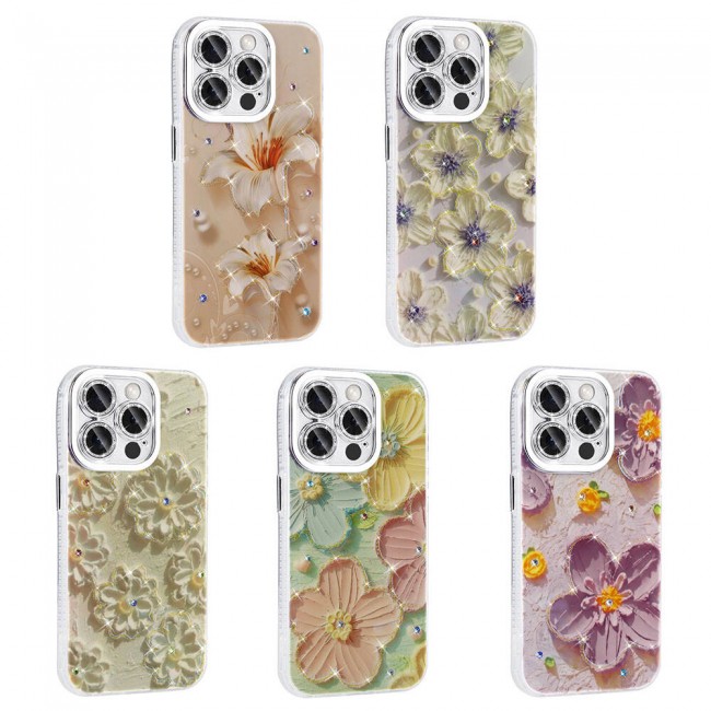 Apple iPhone 15 Pro Kılıf Çiçek Desenli Parlak Taşlı Sert Silikon Zore Garden Kapak Apple iPhone 15 Pro Kılıf Çiçek Desenli Parlak Taşlı Sert Silikon Zore Garden Kapak