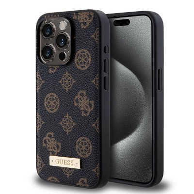 Bal-z Apple iPhone 15 Pro Kılıf Guess M-safe Şarj Özellikli PU Deri Desenli Metal Plaka Logolu Kapak